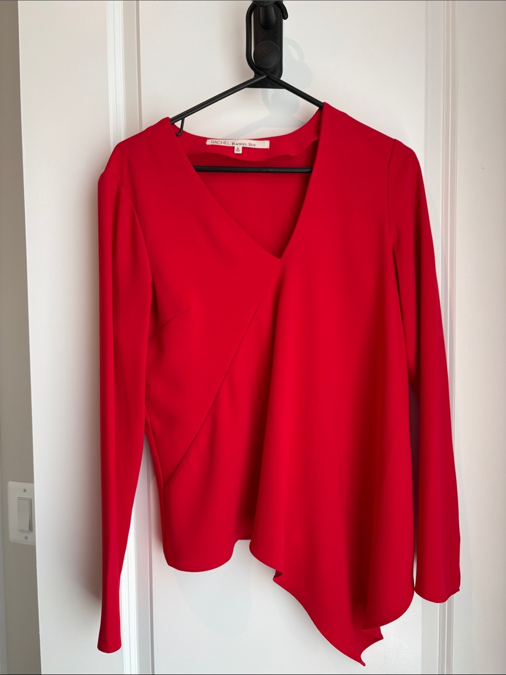 RACHEL Rachel Roy Bold Red Asymmetrical V-Neck Long Sleeve Blouse